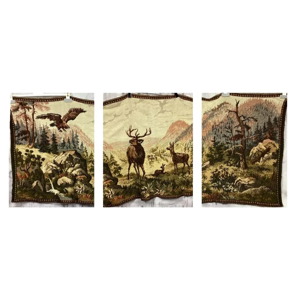 Vintage French Deer Eagle Mountains Tapestry